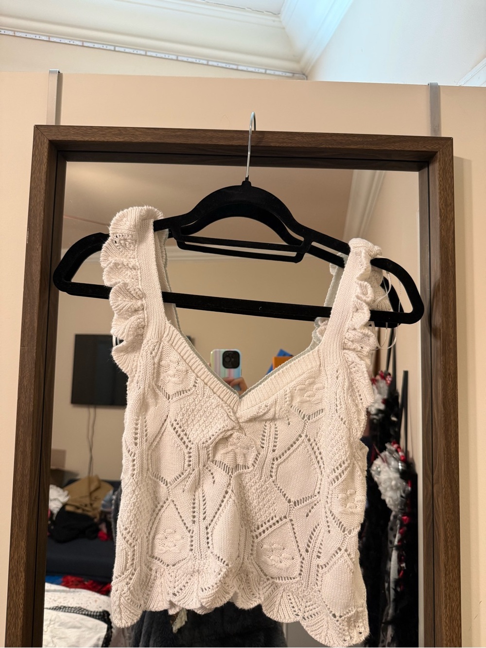 Cream Crocheted Ruffle Strap Tank Top